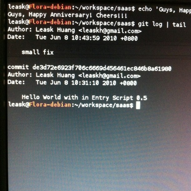 $ git log | tail #Guys, Happy Anniversary! Cheers!!! (Taken with instagram )