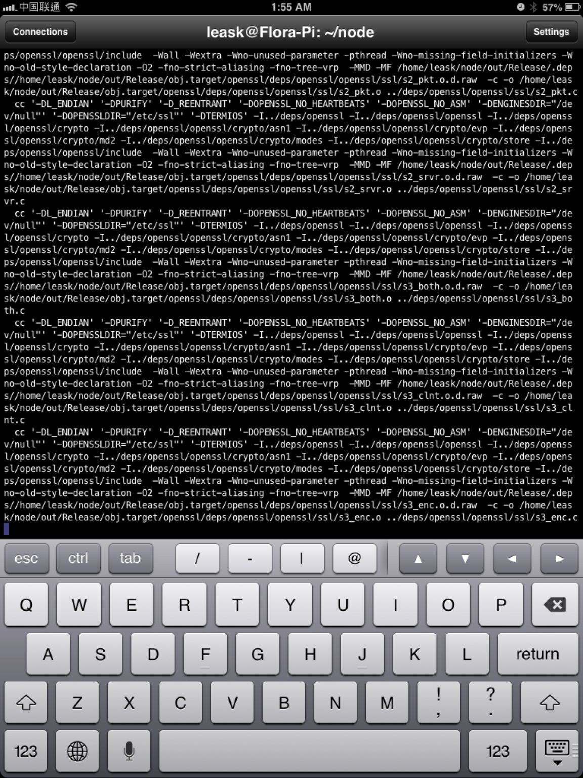 Building Node in Respberry Pi via a iPad Prompt remote terminal. with U0391 a...